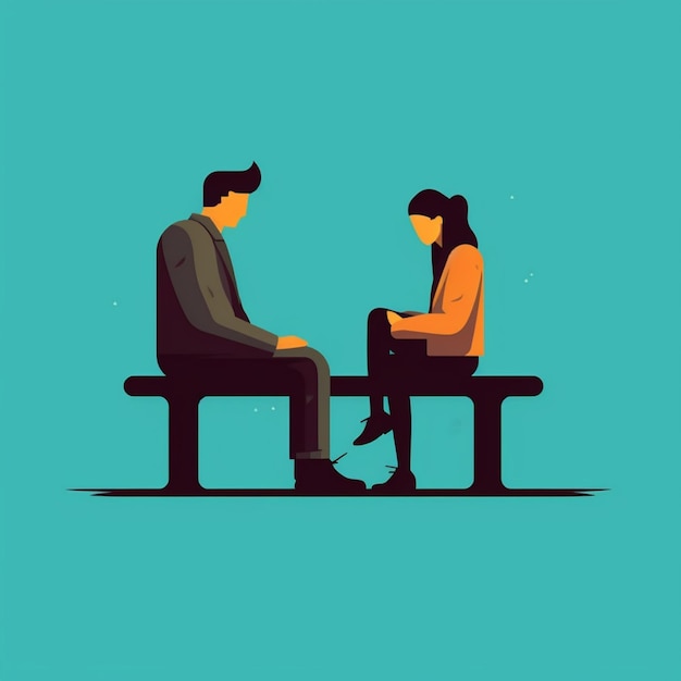 男性と女性がベンチに座って話しているイラスト (generative ai)