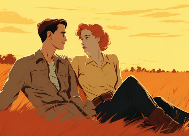 Photo illustration of a man and woman sitting on the grass at sunset