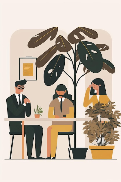 An illustration of a man and woman sitting at a table with a plant on the wall behind them.