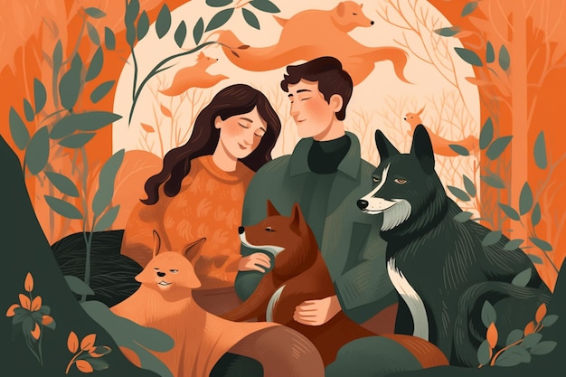 Illustration of a man and woman sitting with their dogs in a forest generative ai