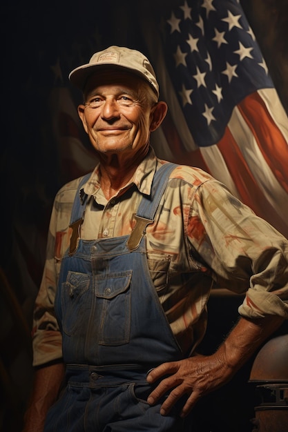 Photo illustration of a man worker american flag behind in the american classic style