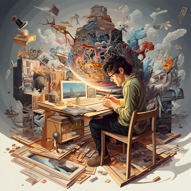Illustration of a man working on a computer at his desk
