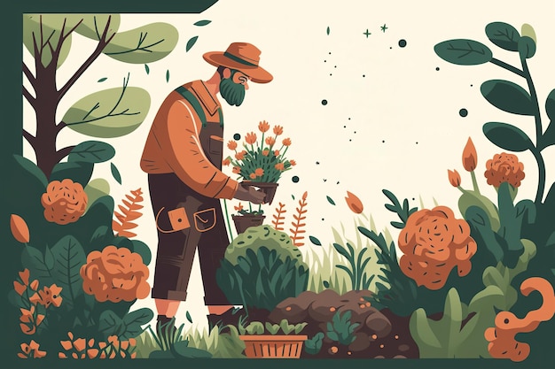 Illustration of a man working in the garden doing spring cleaning Planting flowers and herbs