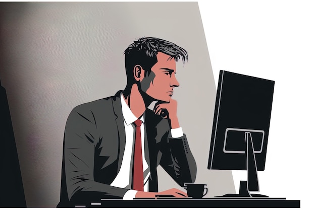 Illustration of a manager gazing at a computer on a white backdrop