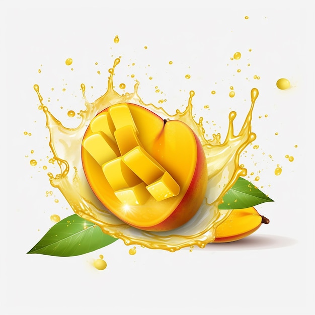 An illustration of a mango with leaves and a splash of juice.