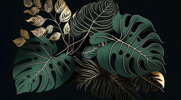 Illustration Manstera leaves on a dark background decorative background