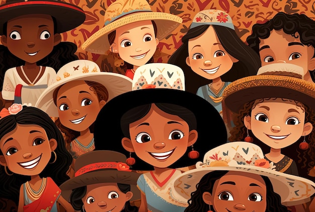 Photo an illustration of many different children in hats and in the style of melds mexican and american