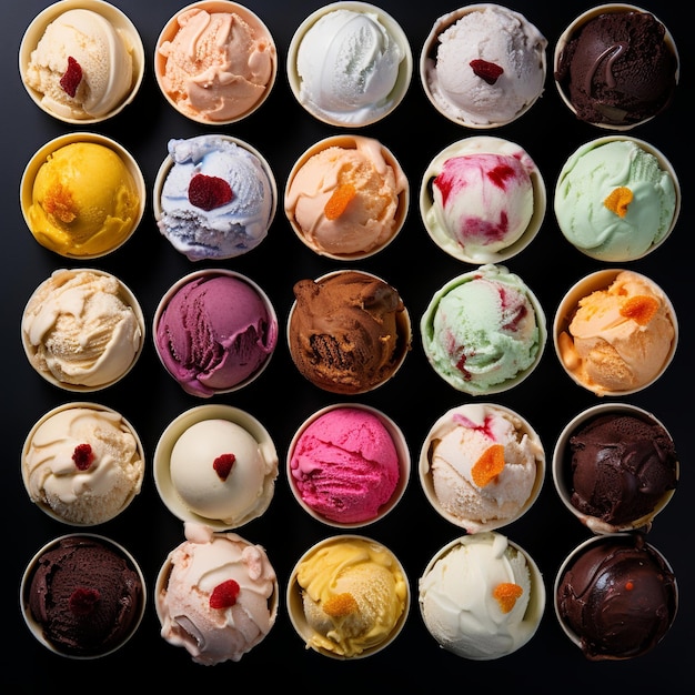 Foto vengono mostrate le illustrazioni di molti gusti diversi di gelato