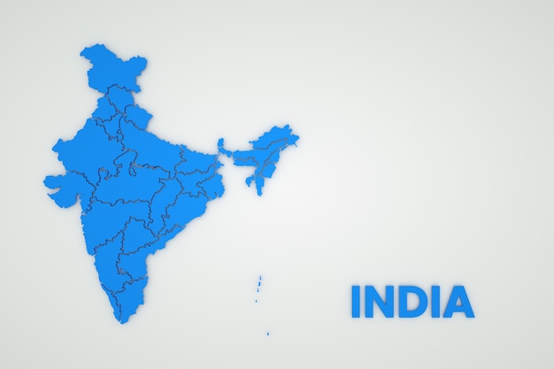 Illustration of a map of India on a white isolated background. Cartography of India. Country, continent. 3D graphics. Blue map on white background