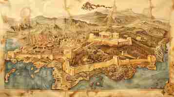 Photo an illustration of a map in a vintage style the map shows an ancient city with a large temple on a hill