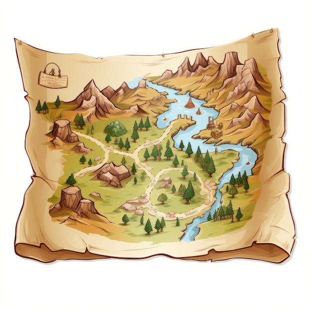 Illustration of a map with a lake mountains and a tent