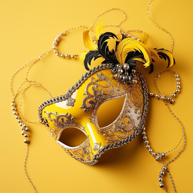 illustration of Mardi gras arnival mask with beads on yellow background