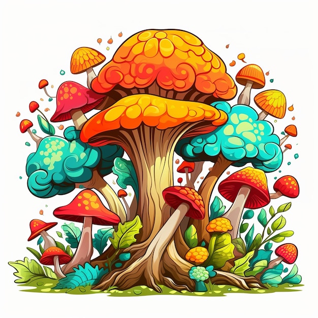 Иллюстрация грибного дерева красочное 2D векторное изображение в мультяшном стиле