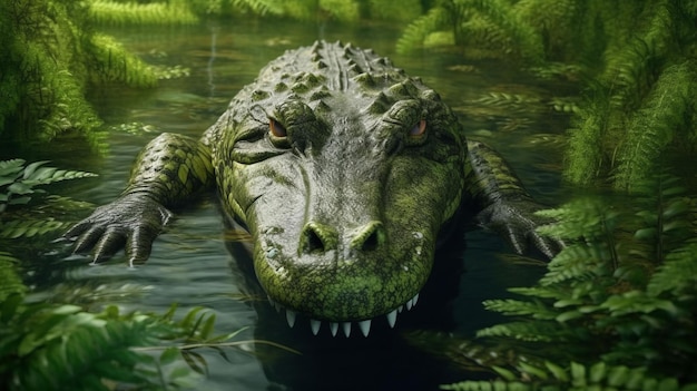 Illustration of a massive alligator swimming in a body of water