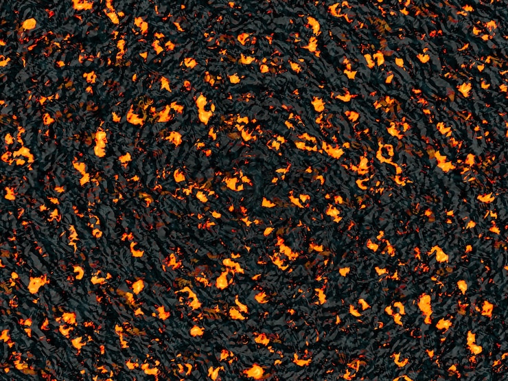 Photo illustration of material texture of embers going off after combustion surrounded by ashes in the style of volcanic lava