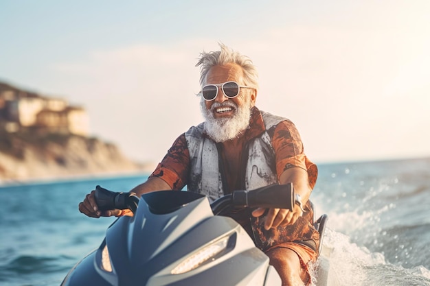 Illustration of mature senior male on jet ski