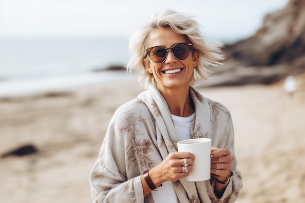 Illustration of mature senior woman on beach coast