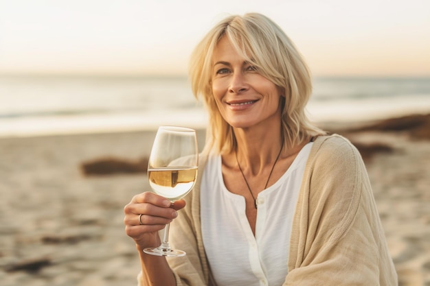 ビーチでワインを飲む成熟した高齢女性のイラスト