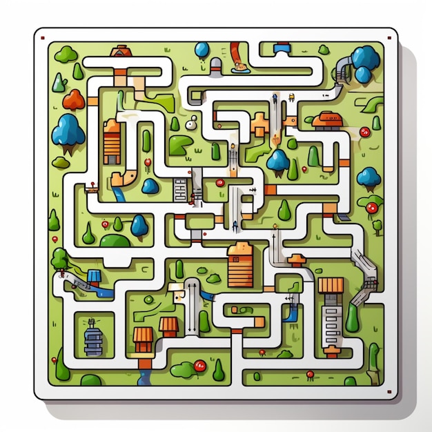 illustration of a maze game with a house and a garden generative ai