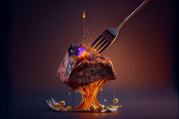 Photo illustration of meat on fork with spices and smoke ai