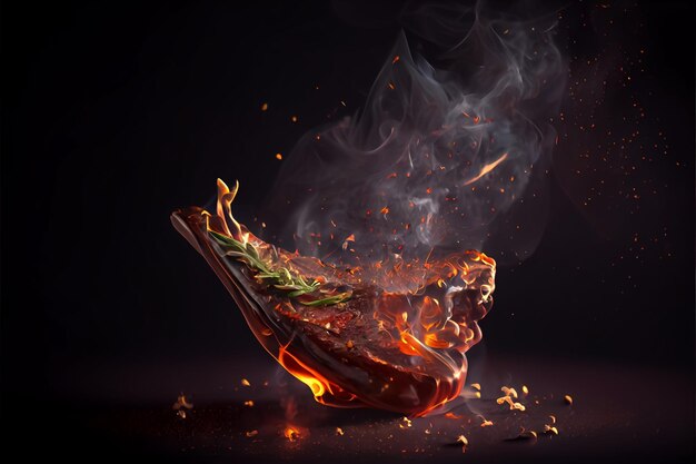 Photo illustration of meat with spices and smoke ai