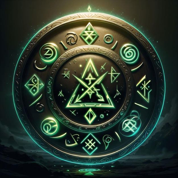 illustration of a medallion with glowing green runes
