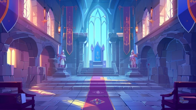 Illustration of medieval castle with thrones for the king and queen interior of a ballroom and guards with swords Fantasy fairy tale pc game cartoon illustration