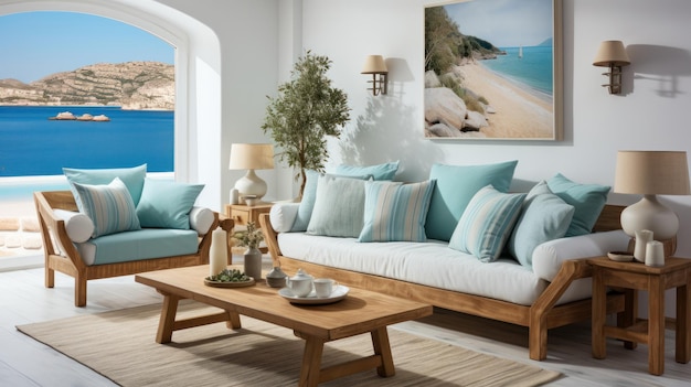 海の景色とアクアのアクセントを備えた地中海スタイルの家のイラスト