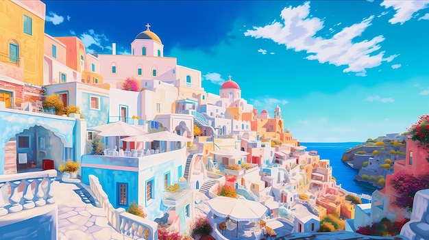 Иллюстрация средиземноморской деревни Генеративный ИИ