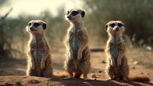 Foto illustrazione di meerkats in piedi che guardano la situazione nella foresta