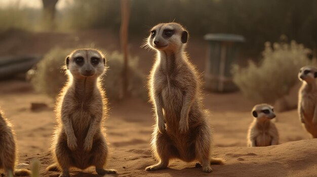 Foto illustrazione di meerkats in piedi che guardano la situazione nella foresta