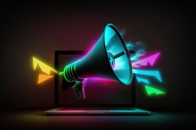 Illustration of megaphone on laptop screen dark background with colorful neon lights Generative AI