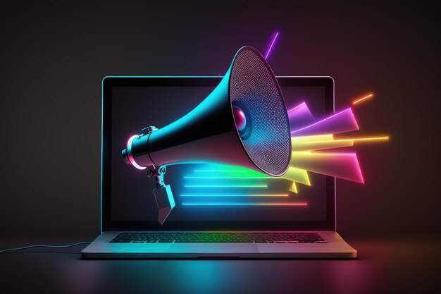 Photo illustration of megaphone on laptop screen dark background with colorful neon lights generative ai