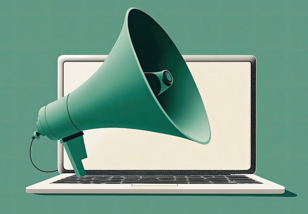 Illustration of megaphone on laptop screen green background Generative AI