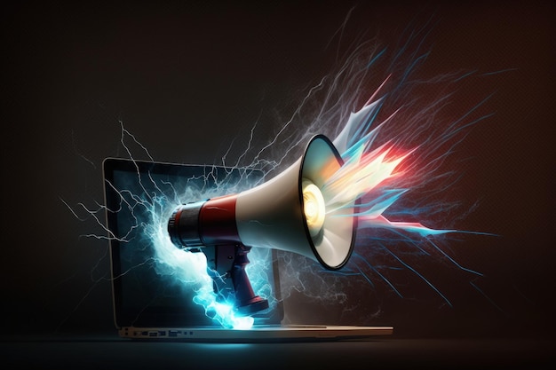 Illustration of megaphone on laptop screen and lightning dark background Generative AI