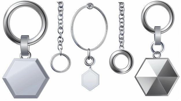 Photo an illustration of metal round square and hexagon keyring holders isolated on white background silver colored accessories or souvenir pendants mockup 3d modern illustration icon clipart