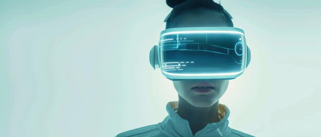 An illustration of metaverse technology A woman in VR virtual reality goggles An illustration of a futuristic lifestyle