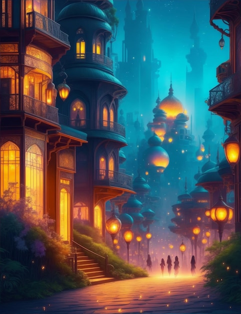 Illustration of Middle Eastern city at night