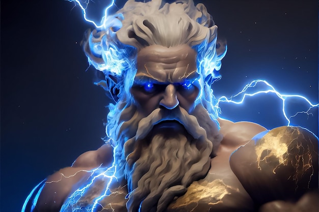 Illustration of mighty god Zeus with thunder in hand ai