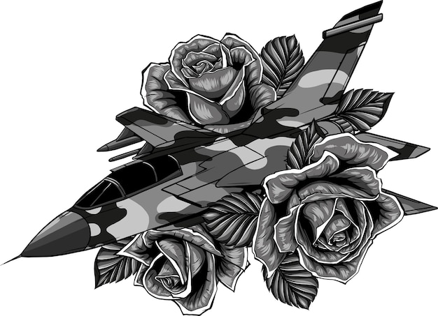 Photo illustration of military aircraft with roses flower