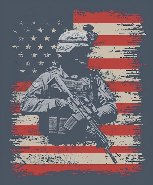 Illustration of military man with guns and American flag in the background