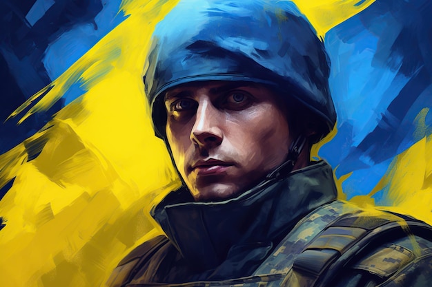 Illustration of military soldier with Ukrainian flag