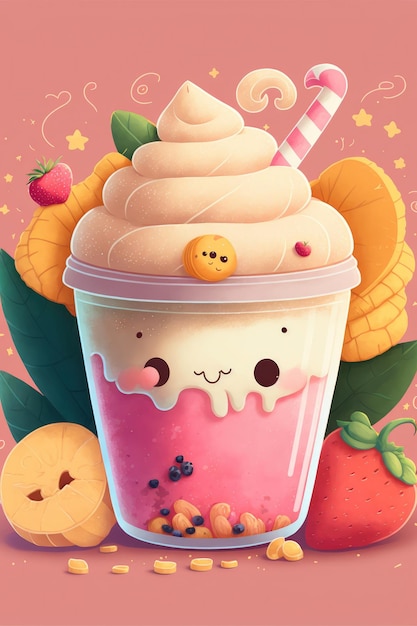 Illustration of a milkshake glass with assorted flavors on a pink background Generative AI