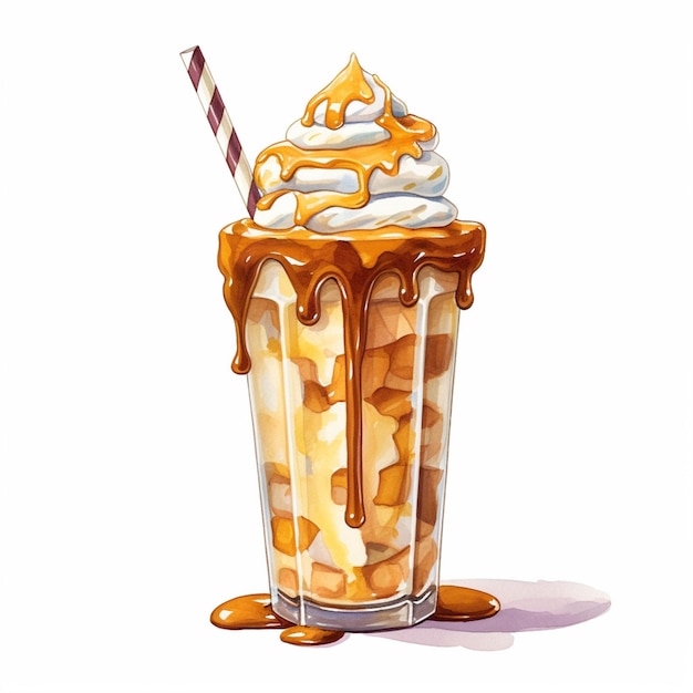 Illustration of a milkshake with caramel and whipped cream generative ai