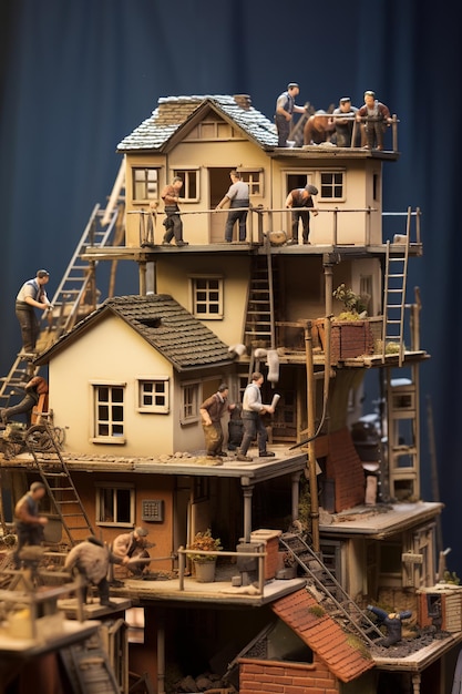 illustration of miniature of labour build a house high quality