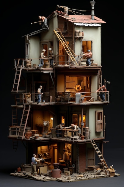 illustration of miniature of labour build a house high quality