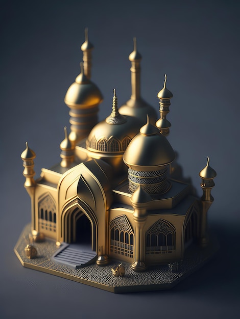Иллюстрация золотой архитектурной модели миниатюрной мечети, отображаемой на столе, созданной с помощью технологии генеративного искусственного интеллекта.