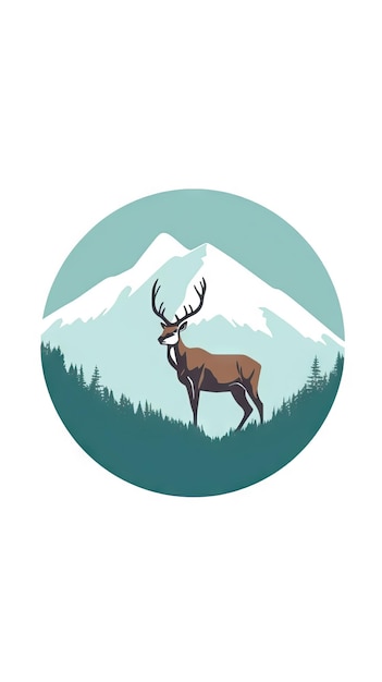 Иллюстрация минималистского оленя, стоящего на вершине горы, приключение и концепция горы