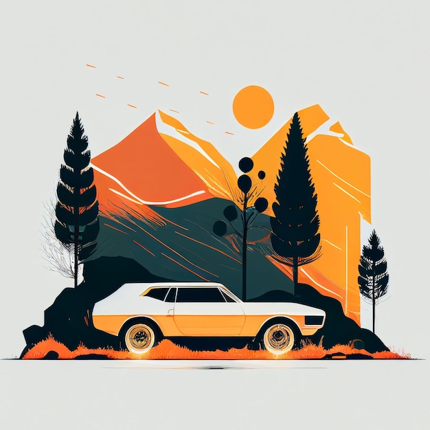 Illustration of minimalist sport car on landscape background Created with Generative AI technology