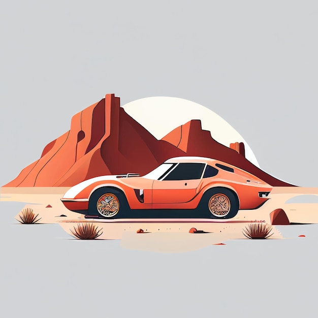 Illustration of minimalist sport car on landscape background Created with Generative AI technology
